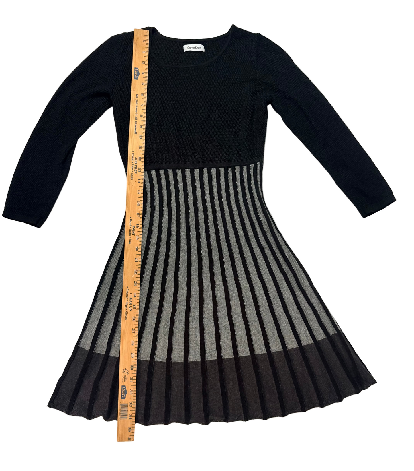 CALVIN KLEIN Black Grey Long Sleeve Pleated Knit Sweater Dress Size-S