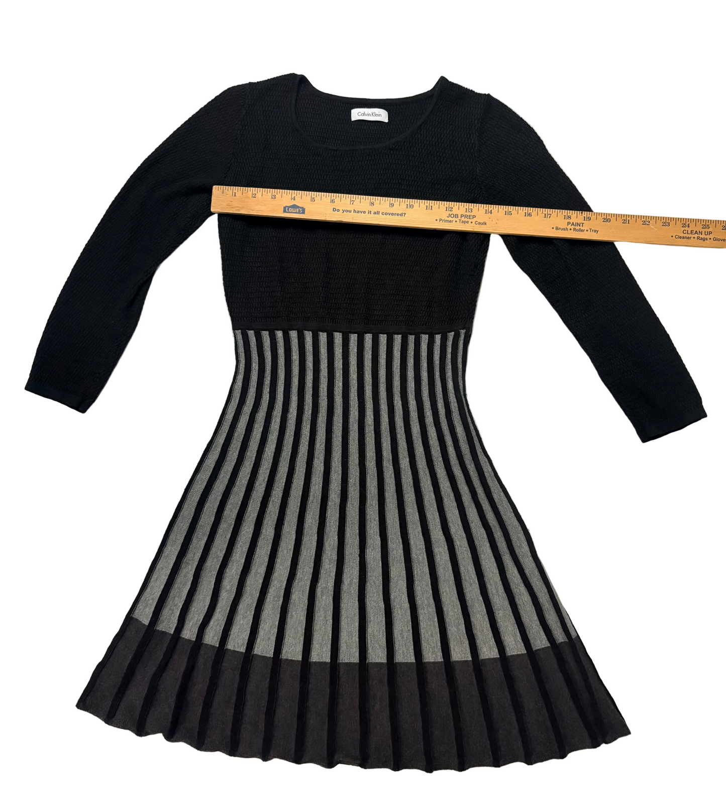 CALVIN KLEIN Black Grey Long Sleeve Pleated Knit Sweater Dress Size-S