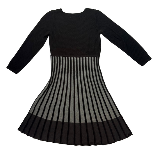 CALVIN KLEIN Black Grey Long Sleeve Pleated Knit Sweater Dress Size-S